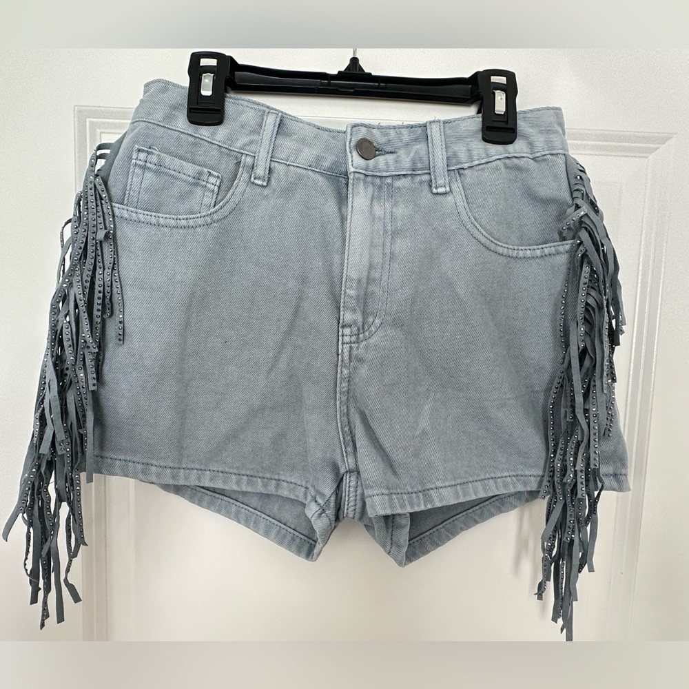Fringe-Trimmed Light Blue Denim Shorts